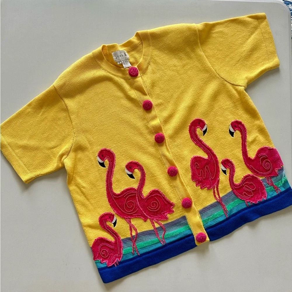 Just Be Yellow Pink Flamingo Button Down Shirt /sweater - Picture 1 of 9